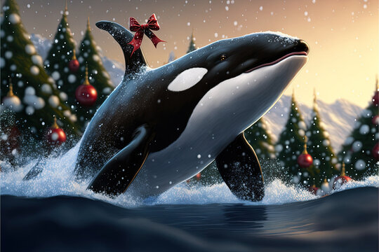 Christmas Orca Killer Whale Illustration Generative Ai