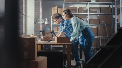 Two Employees Preparing Orders Made from Online Sales in Their Internet Shop. Man and Female Working in a Storeroom. Young Woman Using Laptop Computer, the Man Packing Boxes with Items. Rack Focus.