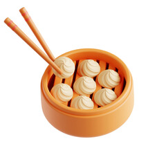 3d rendering Chinese steamed dumplings, selective focus on piece held in chopsticks, being taken out of bamboo steamer with rustic wood