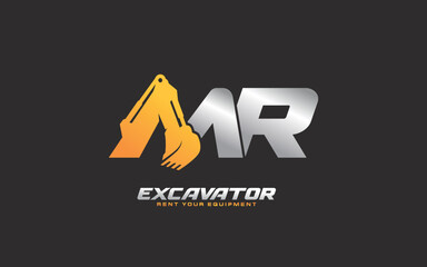 MR logo excavator for construction company. Heavy equipment template vector illustration for your brand.