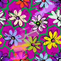 Poster floral seamless background pattern, with flowers, geometric lines, paint strokes and splashes © Kirsten Hinte