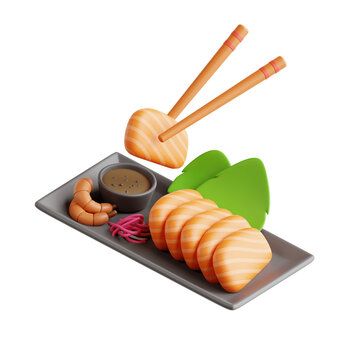 the chopsticks to hold the salmon sashimi 3d render illustration