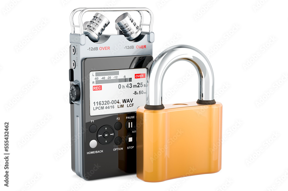 Poster Digital voice recorder with padlock, 3D rendering