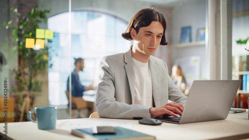 Poster handsome long-haired employee sitting at a desk in creative agency. stylish man using laptop compute