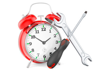 Alarm clock with screwdriver and wrench, 3D rendering
