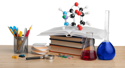 Education concept - stack books and science glass