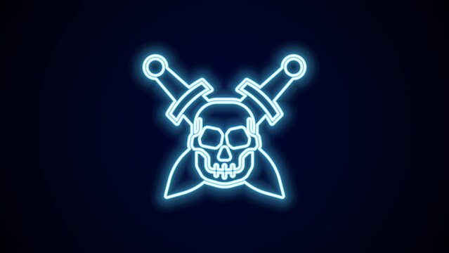Glowing neon line Crossed medieval sword with skull icon isolated on black background. Medieval weapon. 4K Video motion graphic animation