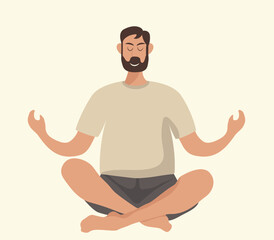Man doing yoga.Vector cartoon illustration in flat style.Yoga at home.