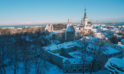 Fototapeta premium Snow Old Tallinn, Estonia. Big Snow in Tallinn