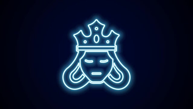 Glowing neon line Princess or queen wearing her crown icon isolated on black background. Medieval lady. 4K Video motion graphic animation