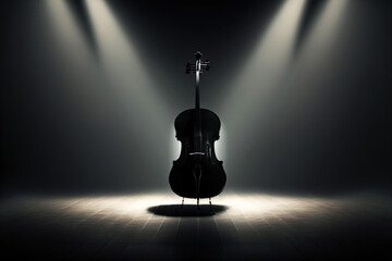 single cello standing in the middle of a empty room in a spotlight, black and white, music, generative ai