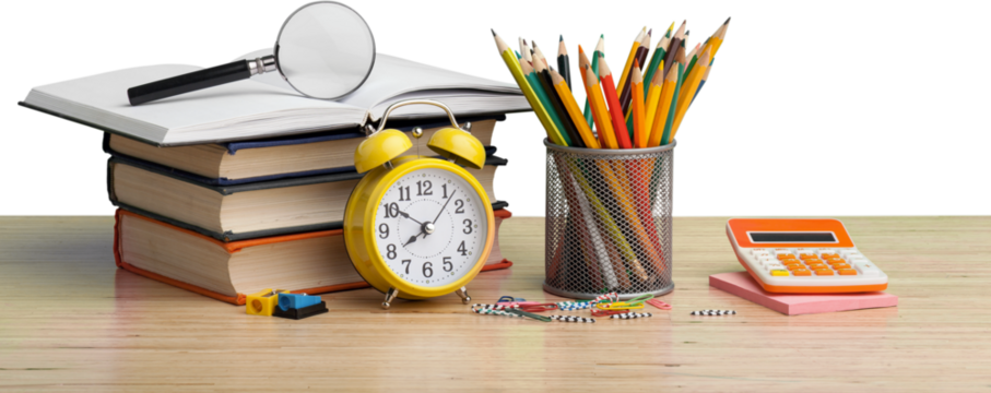 Stacked books with colorful pencils on the desk