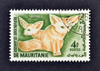 Cancelled postage stamp printed by Mauritania, that shows Fennek (Fennecus zerda), circa 1961.