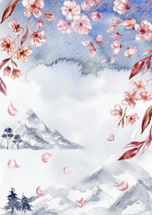 Watercolor Card with Sakura, Cherry Branches and Mountains. Wedding Design.