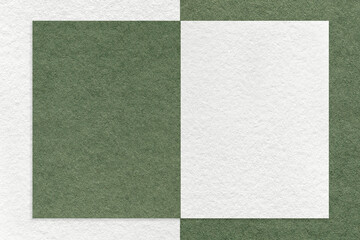 Fototapeta premium Texture of white and green paper background with geometric shape and pattern, macro. Structure of craft olive cardboard
