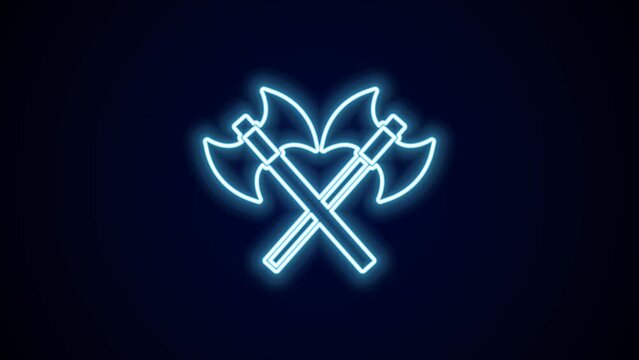 Glowing neon line Crossed medieval axes icon isolated on black background. Battle axe, executioner axe. Medieval weapon. 4K Video motion graphic animation