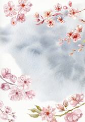 Watercolor Card with Sakura, Cherry Branches. Wedding Design.