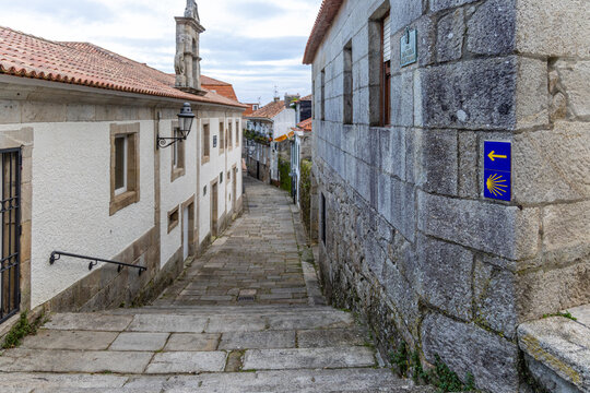 Baiona, Spain - December 05, 2022: details of the different streets of the historic center in the city of Baiona, Spain
