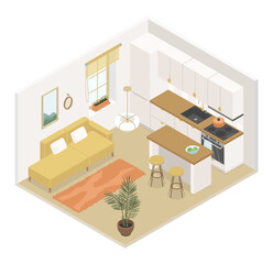 Modern kitchen and bar - vector colorful isometric illustration