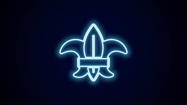 Glowing neon line Fleur de lys or lily flower icon isolated on black background. 4K Video motion graphic animation