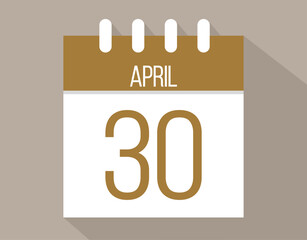 30 April calendar page. Vector icon of calendar page for April days. Brown color with shadow effect