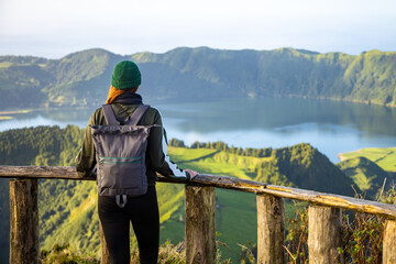Young woman enjoying the scenic views of São Miguel island in the Azores
