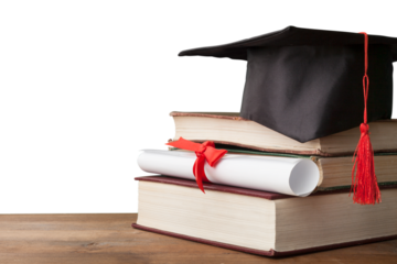Black graduation hat with diploma and book