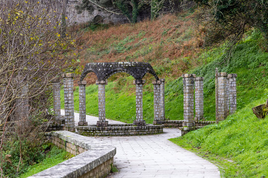 Baiona, Spain - December 05, 2022: details of the old castle of Monterreal today converted into a public park in the city of Baiona, Spain