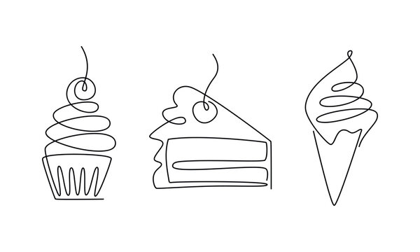 Vector desserts set. Muffin, cupcake, ice cream cone, cake one line continuous drawing illustration. Hand drawn linear doodle icon. Outline design for print, banner, card, wall art poster, brochure.