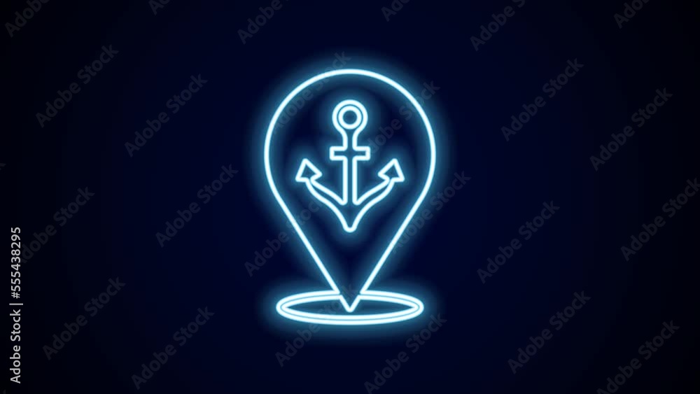 Poster glowing neon line map pointer with anchor icon isolated on black background. 4k video motion graphic