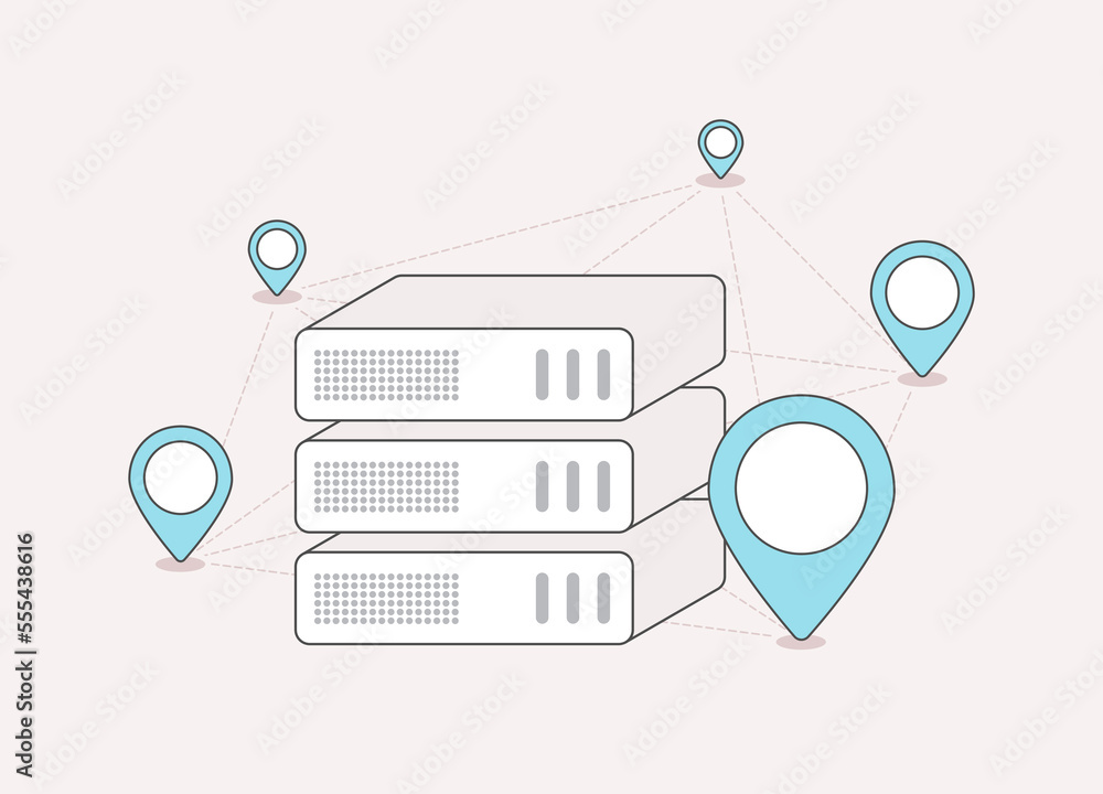 Poster cdn - content distribution network concept. vpn with decentralized placement of data centers in diff