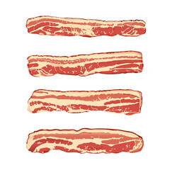 Raw bacon slices flat vector illustration. Tasty breakfast meal ingredient isolated clipart.
