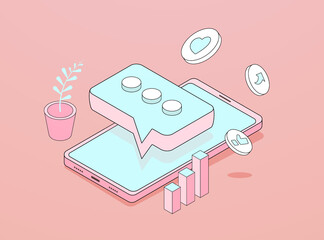 SMM Marketing - social media promotion, comment and like, cross-posting, digital marketing, smm and mobile post sharing. Social media engagement isometric flat design outline icon illustration