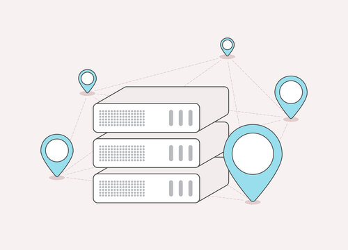CDN - content distribution network concept. VPN with decentralized placement of data centers in different places. DDoS Protection. Content delivery network of proxy servers flat outline illustration