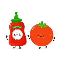 Ketchup and tomato card. Vector hand drawn doodle style cartoon character illustration icon design. Happy ketchup and tomato friends concept card