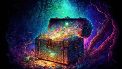 Opened Treasure Chest with Glowing Sparkles and Stars. Fantasy background
