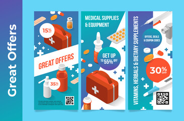 Pharmacy medical and supplies great offer sale advertising poster set vector illustration