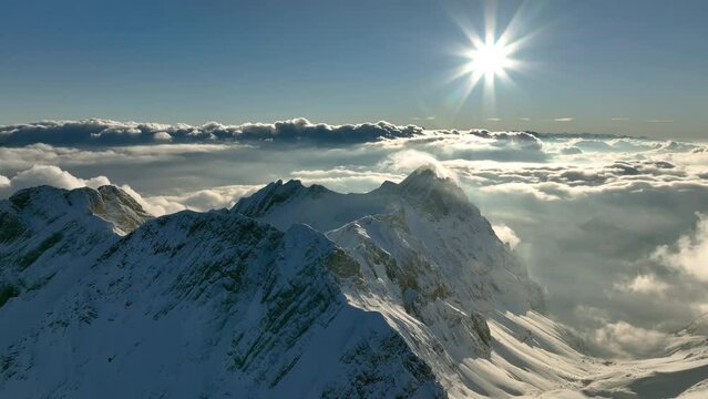 Aerial View of the Mountain Seantis in the Swiss Alps, Switzerland. Santis at sunset.