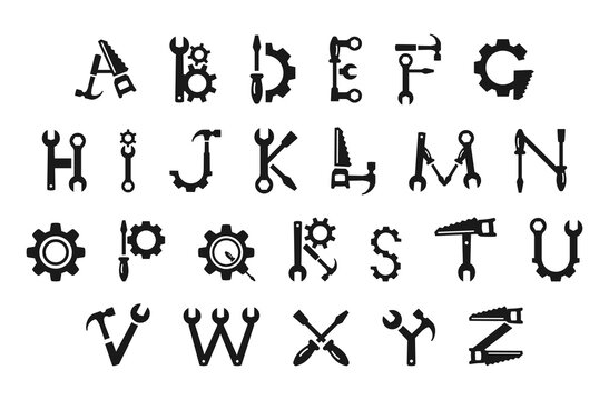 Letters hand tools black monochrome alphabet font set vector illustration. Education reading writing