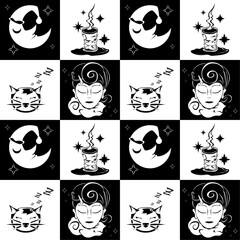 Fototapeta na wymiar moon, cat, girl and tea b&w background ,pattern