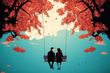 Lovers Silhouttes at the Romantic Emotional Nature Forest Background. Couple in Love at the Park with High Skyes and flying Romance Hearts Flat Illustration. Generative AI.
