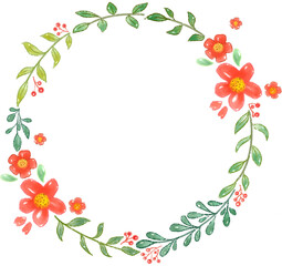 Obraz na płótnie Canvas Flower wreath watercolor hand paint, Floral wreath with leaves frame, Cute hand drawn floral wreath watercolor clipart transparent png
