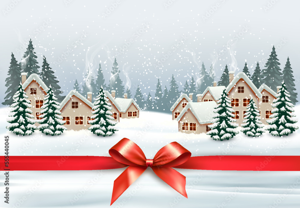 Aufkleber holiday christmas background with a winter village and trees and red ribbon with bow. vector.