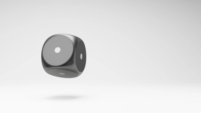 All One Numbered Faces Black Dice Spinning on a Studio Light Gray Background, Seamless Loop 3D Animation with Copy Space