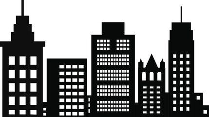 City buildings silhouette different construction vector  illustrations isolated on white background. Black in flat silhouettes of skyscrapers and low-rise buildings. Architectural constructions set