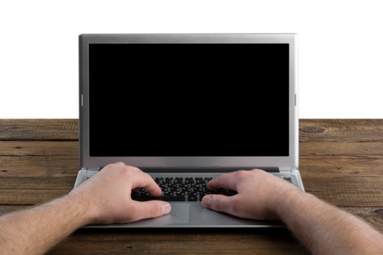 Hand using laptop with blank screen