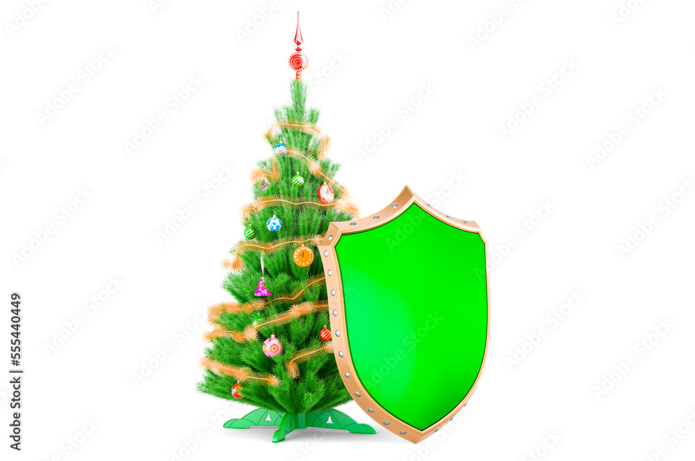 Poster christmas tree with shield, 3d rendering