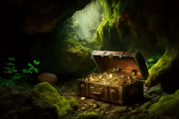 Fotobehang Generative AI illustration of pirates treasure chest full of gold in cave © Mikolaj Niemczewski