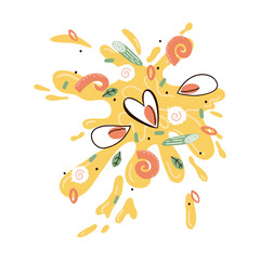 broth with mussels and squid. hand drawn vector illustration in flat style