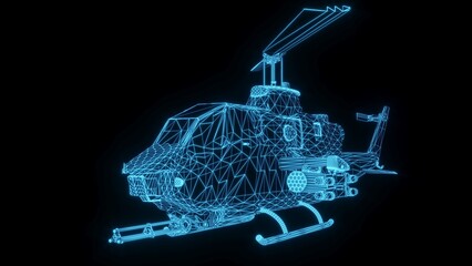 3D rendering illustration Helicopter blueprint glowing neon hologram futuristic show technology security for premium product business finance transportation 